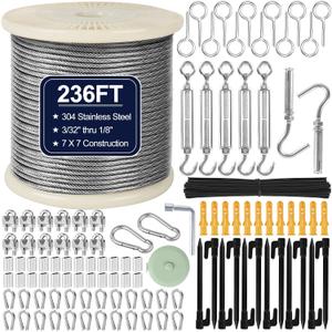 1/8" Wire Rope Kit 236FT Stainless Steel Aircraft Cable with M5 Turnbuckles, 7x7 Strand Core Vinyl Coated Guy Wire Tensioner Kit for Garden String Light, Pictuer, Clothes, Curtain Hanging