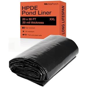 MaPorch 20 x 30 FT Black Waterproof Pond Liner, HDPE Black - Reinforced Polyethylene 20 Mil for Fish Koi Pond, Fountain, Waterfall, Tank, UV Resistant RPE Pool, and Outdoor Use