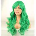 RightOn Green Wig Long Curly Green Wig with Bangs for Women Daily Party Hairnet Include