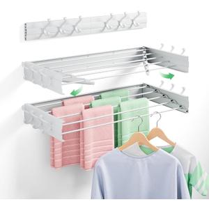 BAKON Clothes Drying Rack Wall Mounted 40", Laundry Clothes Drying Rack Collapsible with 6 Towel Hooks and 5 Rods for Hanging Clothes, Space Saving Laundry Rack for Small Space Bathroom Bedroom(40")