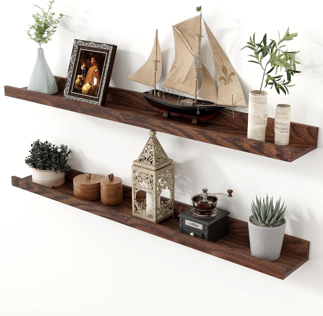 Axeman Oak Picture Ledge Shelf, 36 Inch Floating Shelves Set of 2, Solid Oak Wood Wall Shelves with Lip, Wall Decor Storage for Bedroom Living Room Bathroom Kitchen Nursery Photo Picture, Walnut (36inch)