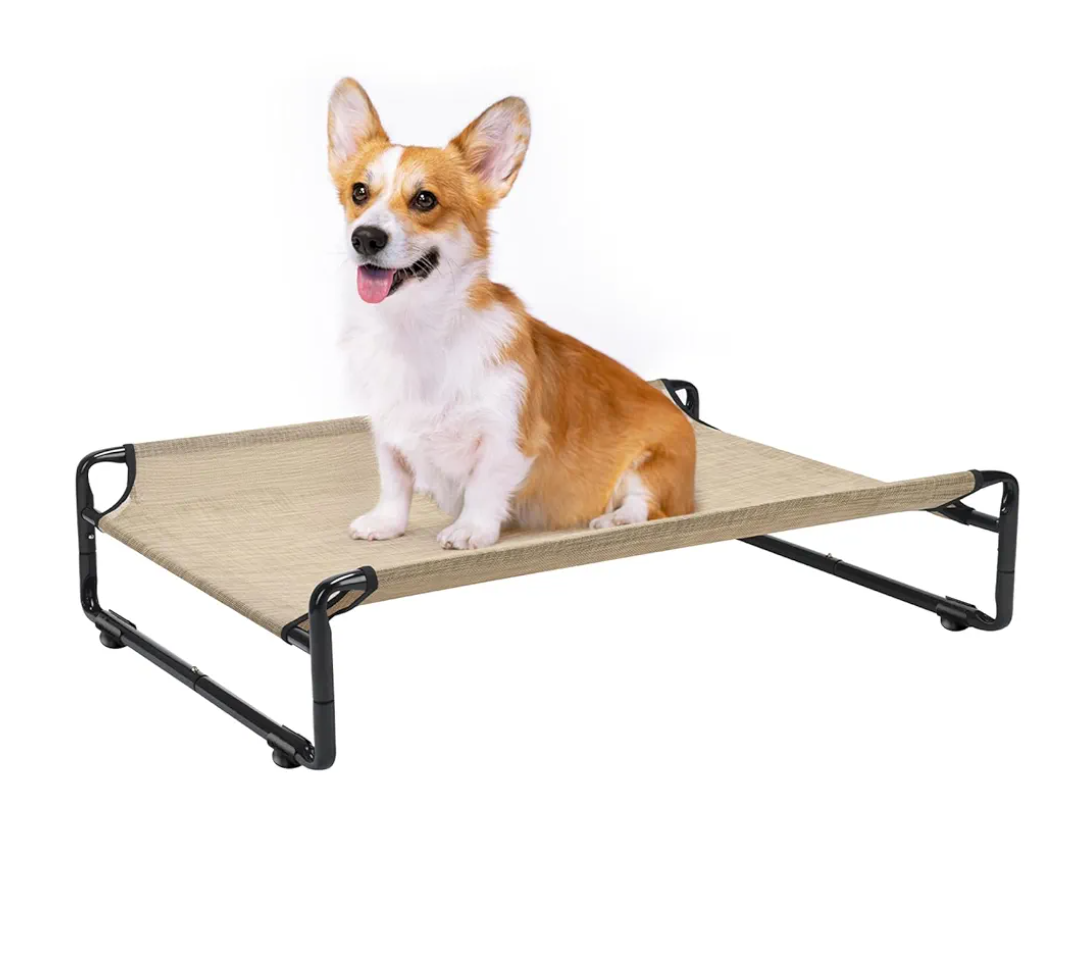 Veehoo Original Outdoor Elevated Dog Bed, Cooling Raised Dog Cot for Large Dogs, Portable Standing Pet Hammock Platform with Washable Breathable Mesh, No-Slip Feet, 35.5" x 25.5", Beige Coffee