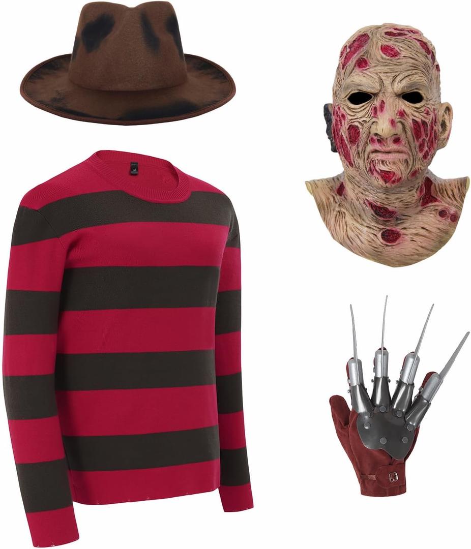 Adult Scary Halloween Costumes for Freddy Costume Mens Red and Green Striped Sweater with Hat Claw Gloves Mask for Halloween Killer Cosplay SV010L