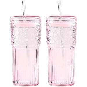 GOSCHE Glass Coffee Cups with Lids and Straws, 20oz Drinking Jar Glass Tumbler for Iced Coffee, Vintage Ripple Glassware Smoothie Cups, Pink, 2Pcs