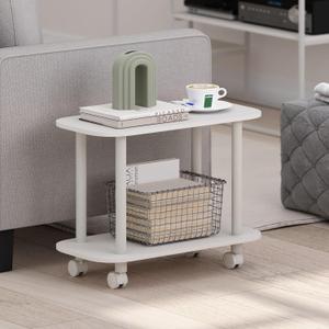 Furinno Turn-N-Tube 2-Tier Oval Sofa Side Table with Wheels, Round Corner End Table, Night Stand, Bedside Table with Open Shelf, Toolless Assembly, for Living Room, Bedroom, Plain White
