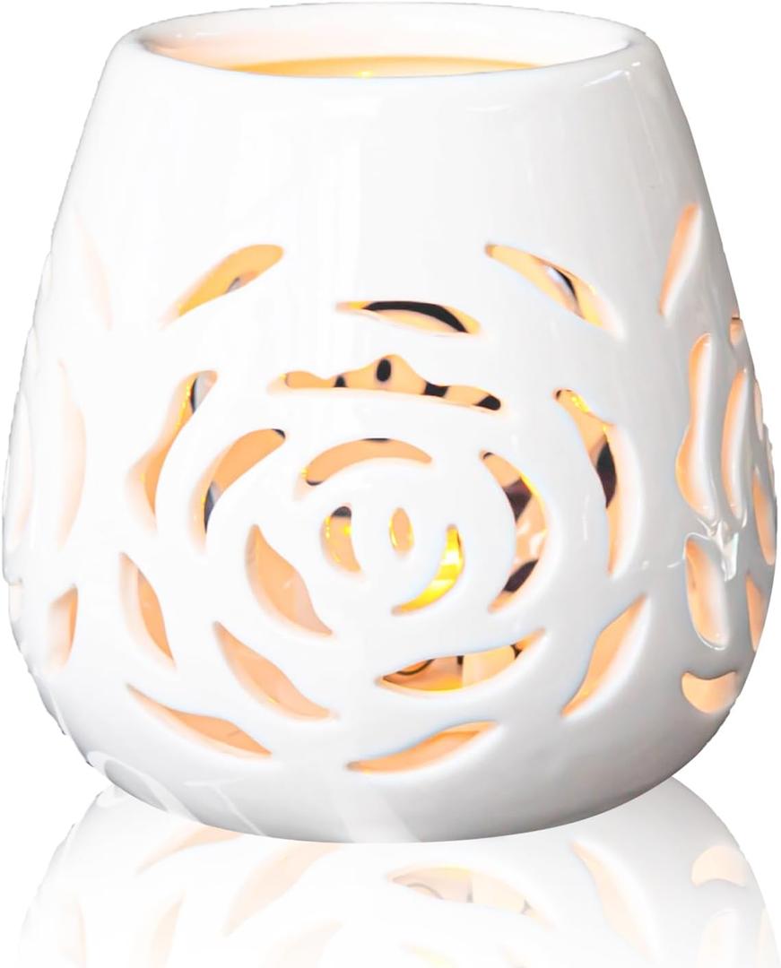 White Ceramic Rose Hollow Candle Holder Creative Aromatherapy Essential Oil Burner, Wax Melt Diffuser & Tealight Candle Holder for Home Bedroom Decor, Perfect Christmas & Housewarming Gift