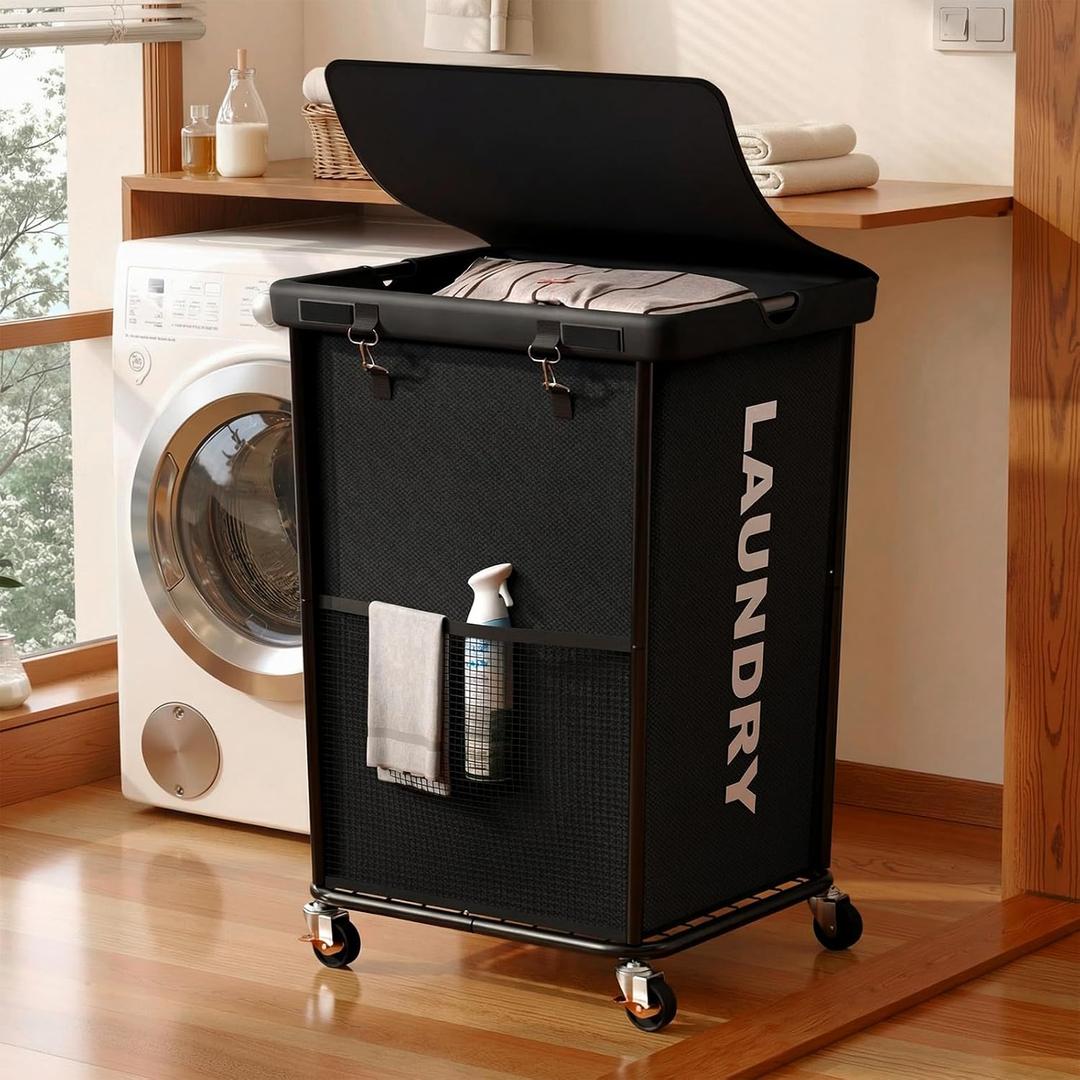 150L Laundry Basket with Wheels, Rolling Laundry Hamper with Cloth Cover, Laundry Cart with Metal Frame & Removable Bag, Large Dirty Clothes Hampers for Bedroom Aesthetic, Laundry Room Bathroom, Black
