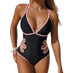 ZAFUL Women's Petal Cut Out One Piece Swimsuit Colorblock V Neck Dual Straps Crisscross Backless Bathing Suit (Black, M)
