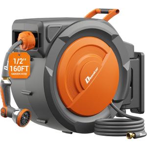 1/2" x 160 ft Retractable Hose Reel, Heavy Duty Retractable Garden Hose Reel Wall Mounted with 10-Pattern Hose Nozzle/Any Length Lock/Slow Return System/180Swivel Bracket,Orange