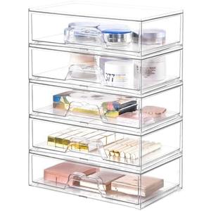 5 Pack Makeup Organizer Stackable, 12.1''L Bathroom Organizer and Storage Acrylic Undersink Drawer Organizer, Cosmetics and Beauty Supplies,Clear Plastic Storage Bins for Vanity,Pantry,Cabinet,Kitchen