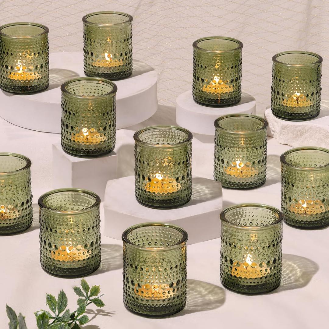 30 Pcs Green Votive Candle Holders, Glass Tea Lights Holder with Polka Dot Embossed, Vintage Candle Holder for Weddings, Home Decor, Baby Shower, Special Occasions