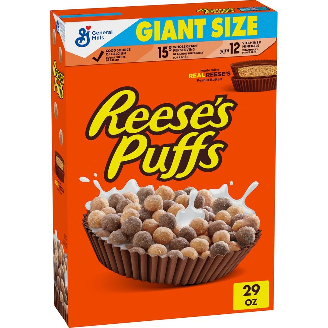 REESES PUFFS Chocolatey Peanut Butter Cereal, Kid Breakfast Cereal, Giant Size, 29 oz