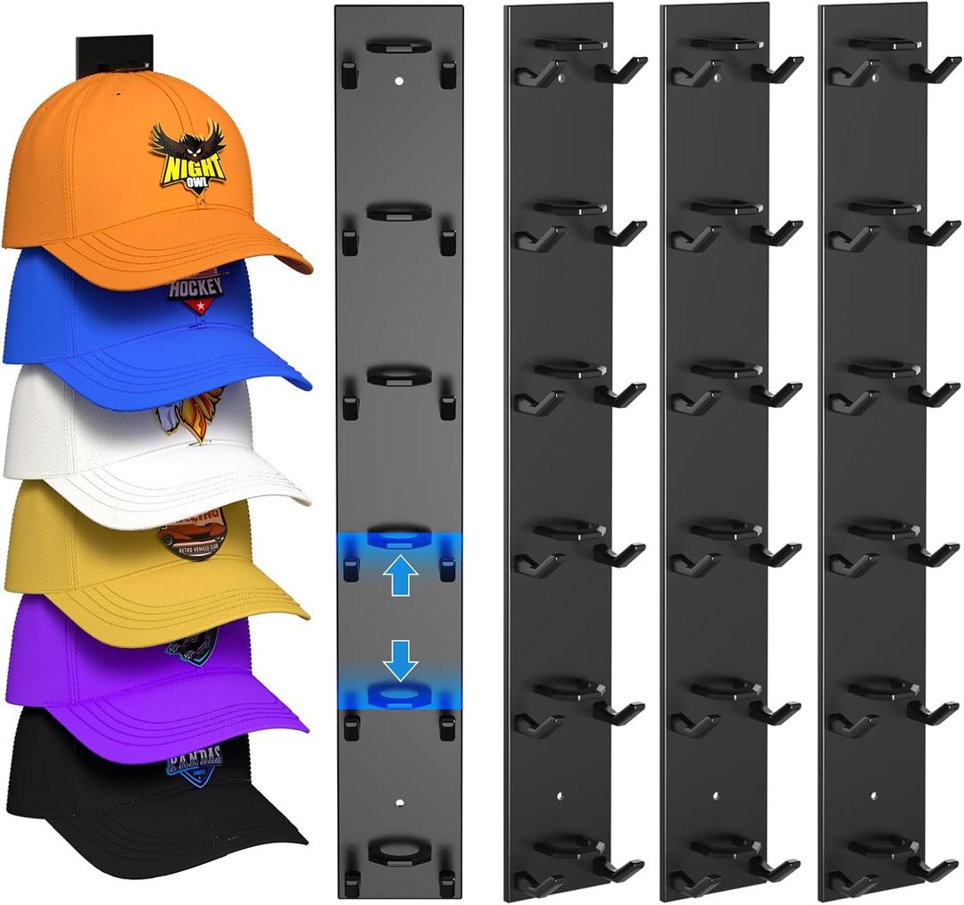 Nunibum Hat Organizer for Baseball Caps 4 Pack, Hat Rack for Wall Hold up to 24 Hats with Strong Adhesive, Multilayer Organizers and Storage Hat Holder Hanger Display for Door Closet and Bedroom (Black)