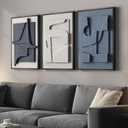 3D Textured Framed Blue and White Abstract Wall Art, 3 Piece Modern Artwork for Walls, Minimalist Navy Blue Geometric Wall Paintings for Living Room, Bedroom, Dining Room, Office Wall Decor 16x24 In, 16"W x 24"H x 3Pcs