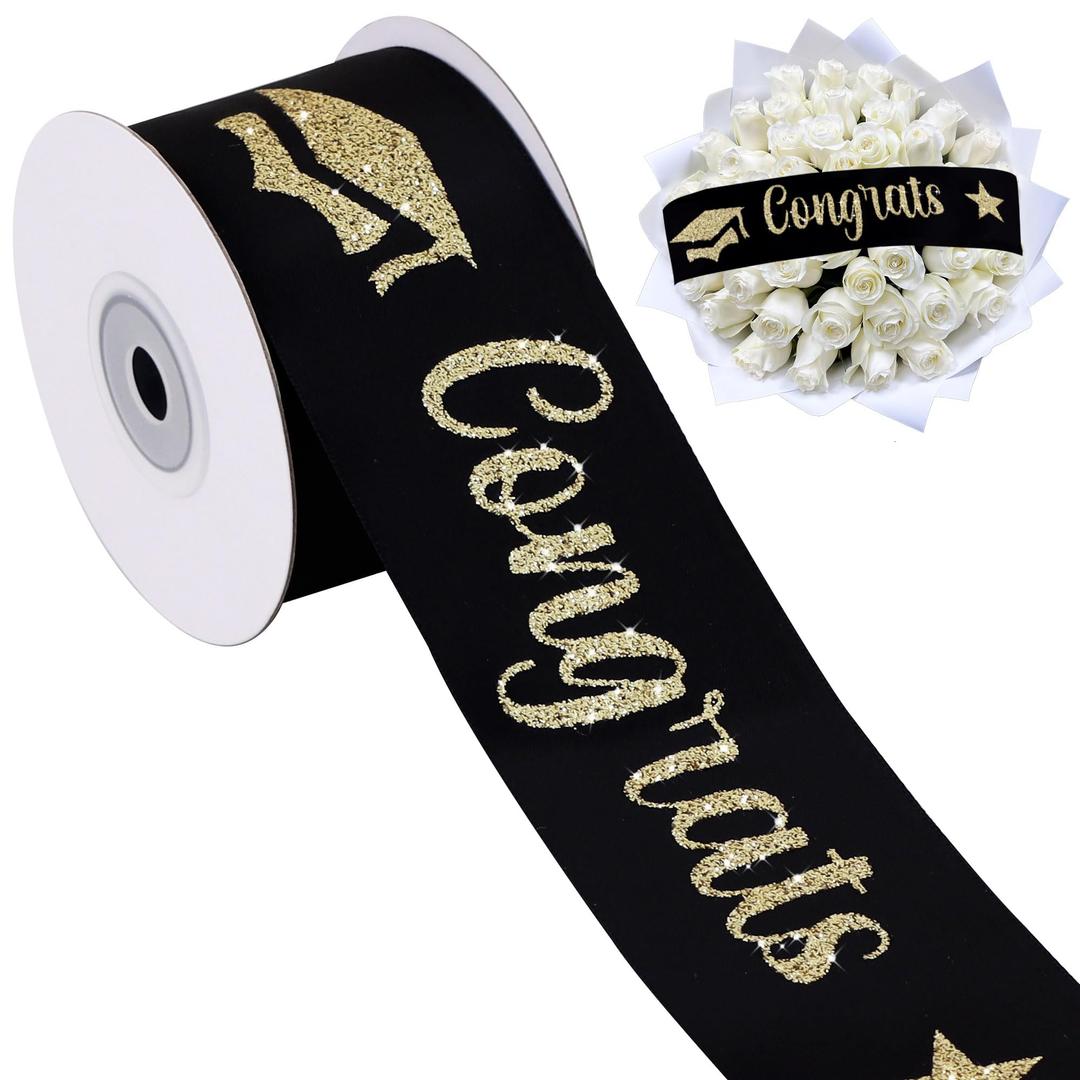 TONIFUL Glitter Gongrats Graduation Ribbon 2 Inch 10 Yards Black Graduation Satin Ribbon with Gold Glitter Printing for Flower Bouquet, Gift Wrapping, Graduation Party Decoration