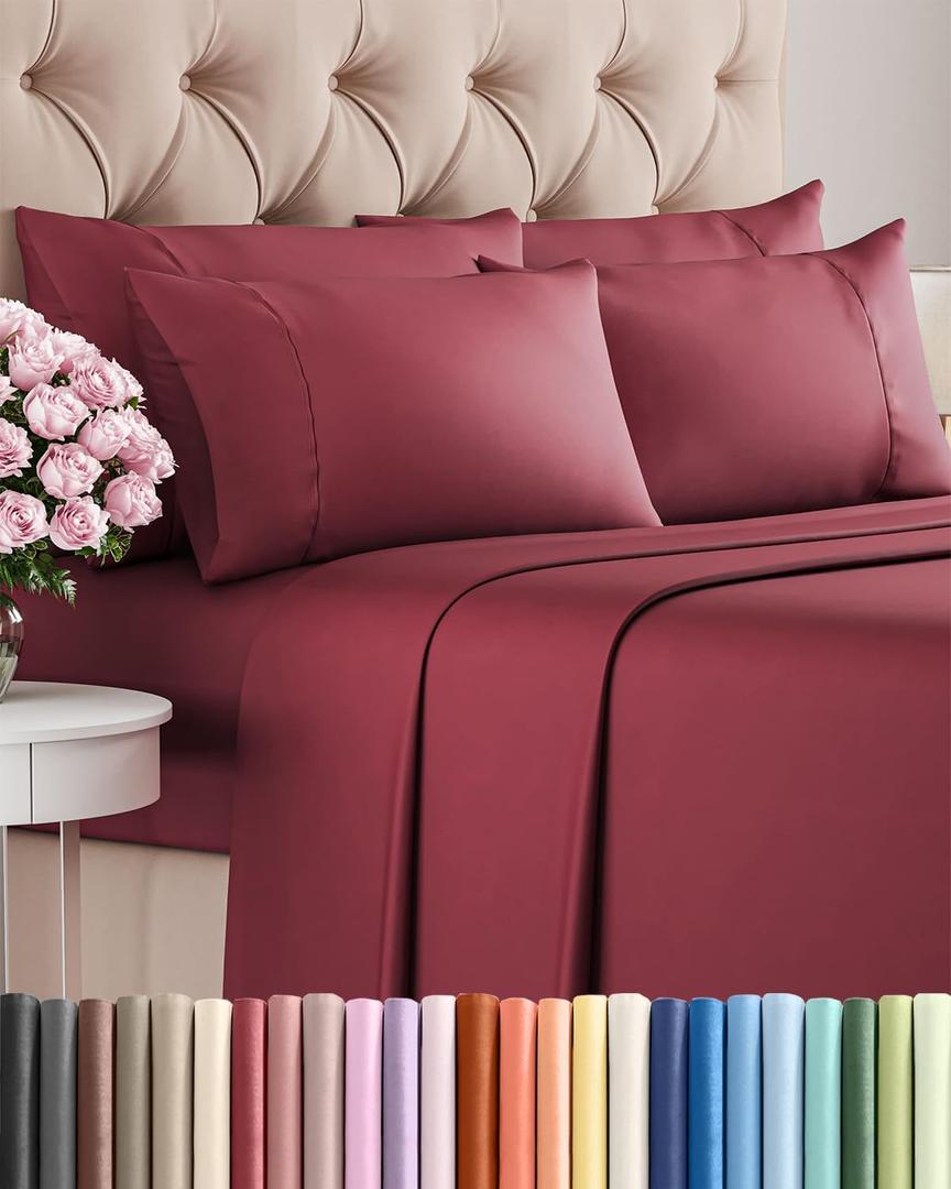 Queen 6 Piece Sheet Set - Comfy, Breathable & Cooling - Hotel Luxury Bedding for Women, Men, Kids, Teens & Children - 1 Flat & 1 Fitted Sheet & 4 Pillowcases w/ Deep Pockets - Wrinkle Free - Burgundy