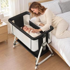 3 in 1Baby Bassinet Bedside Sleeper with Wheels, Breathable Mesh & Soft Mattress, 4 Adjustable Heights, Easy Fold, Crib