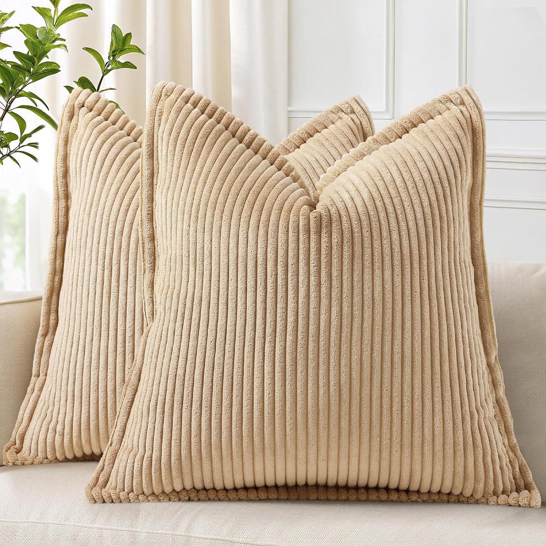 decorUhome Spring Corduroy Light Brown Euro Sham Throw Pillow Covers 26x26 Set of 2 Decorative Soft Boho Farmhouse Couch Pillow Covers for Living Room Bed Sofa Broadside Striped Pillow Cases