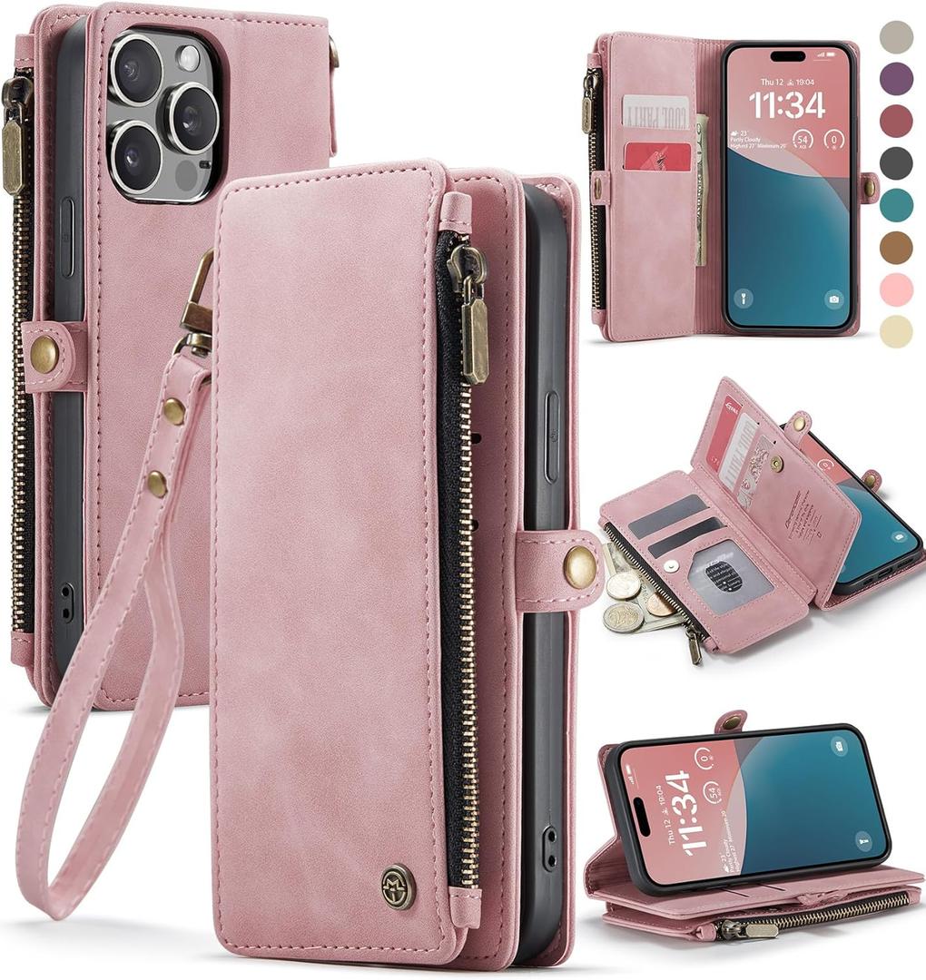 Defencase Compatible with iPhone 14 Pro Case Wallet with RFID Blocking Card Holder for Women Men, PU Leather Magnetic Snap Flip Zipper Strap Wallet Phone Case Fit for iPhone 14 Pro 6.1", Rose Pink