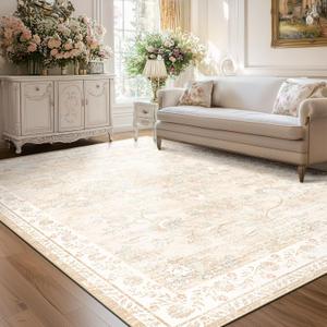 Area Rug 8x10, Vintage Floral Distress Print Pattern, Washable Non-Slip Low-Pile Indoor Carpet for Bedroom, Living Room, Dining Room & Entryway, Cream Coffee Aqua Blue Red
