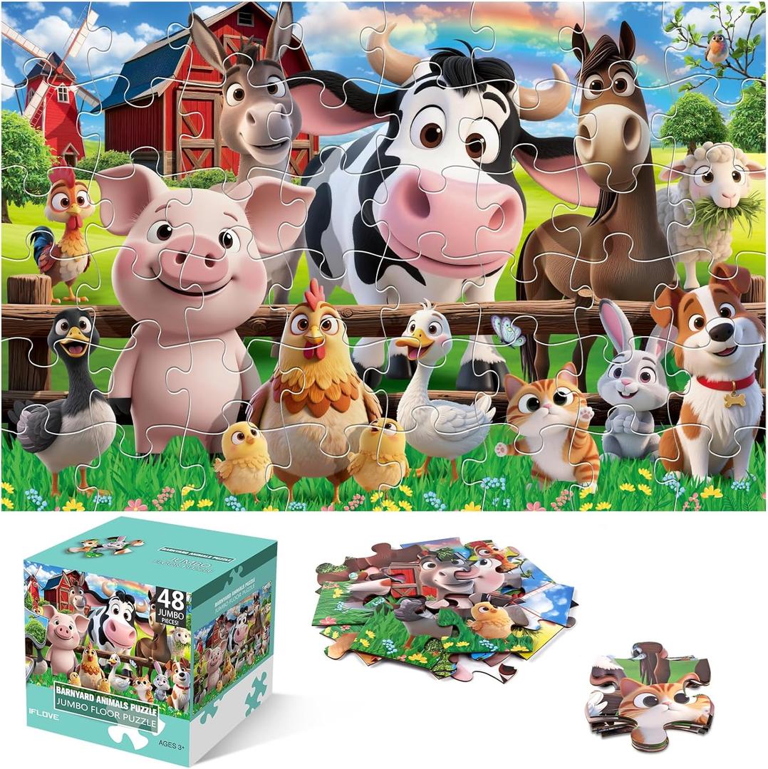 Jumbo Floor Puzzle for Kids,48 Pieces Farm Animals Puzzles for Toddlers 3-5,Large Barn Jigsaw Puzzles,Preschool Educational Animal Toys,Easter Gift for Boys & Girls Ages 4-8