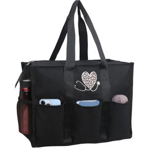 ABAMERICA Nurse Bags for Work Nursing Bag Multiple Pockets Waterproof Organizing Zip Top Clinical Bag for Nursing Students (Medium, B23- Nurse Black With Leopard Embroidery)