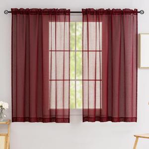 Sheer Curtains 45 Inch Length for Living Room Bedroom, Rod Pocket Polyester Semi Sheer Privacy Drapes, Window Treatments Semi Crinkle Curtain Panels for Kitchen Doorway Divider, Burgundy, 52" Wx 45"L