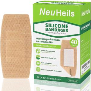 NeuHeils Silicone Bandages for Sensitive Skin, Large 2x4 Inch (40 Count) | Hypoallergenic & Waterproof Wound Care | Pain-Free Removal, Non-Stick Pad, Gentle for Fragile Skin