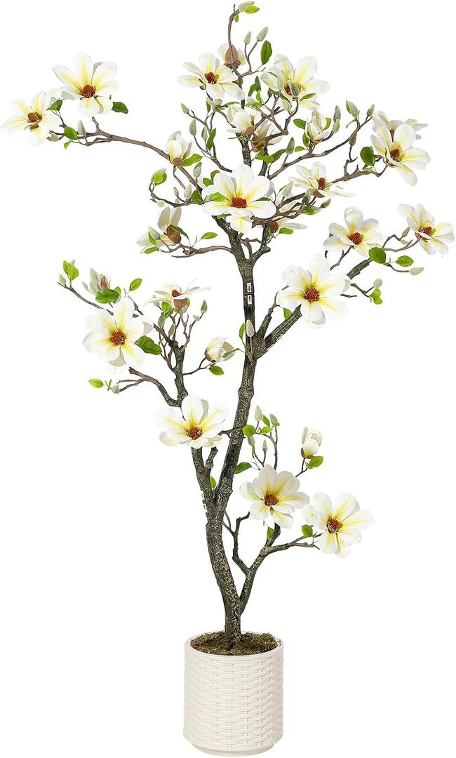 5FT Faux Magnolia Plants Artificial Flower Trees Fake Plants For Yard Patio Home Office Arrangement Decor Indoor Outdoor Artificial Magnolia Tree Inc. 120 Realisc Flowers Vivid Leaves Mosses White Pot (9in)