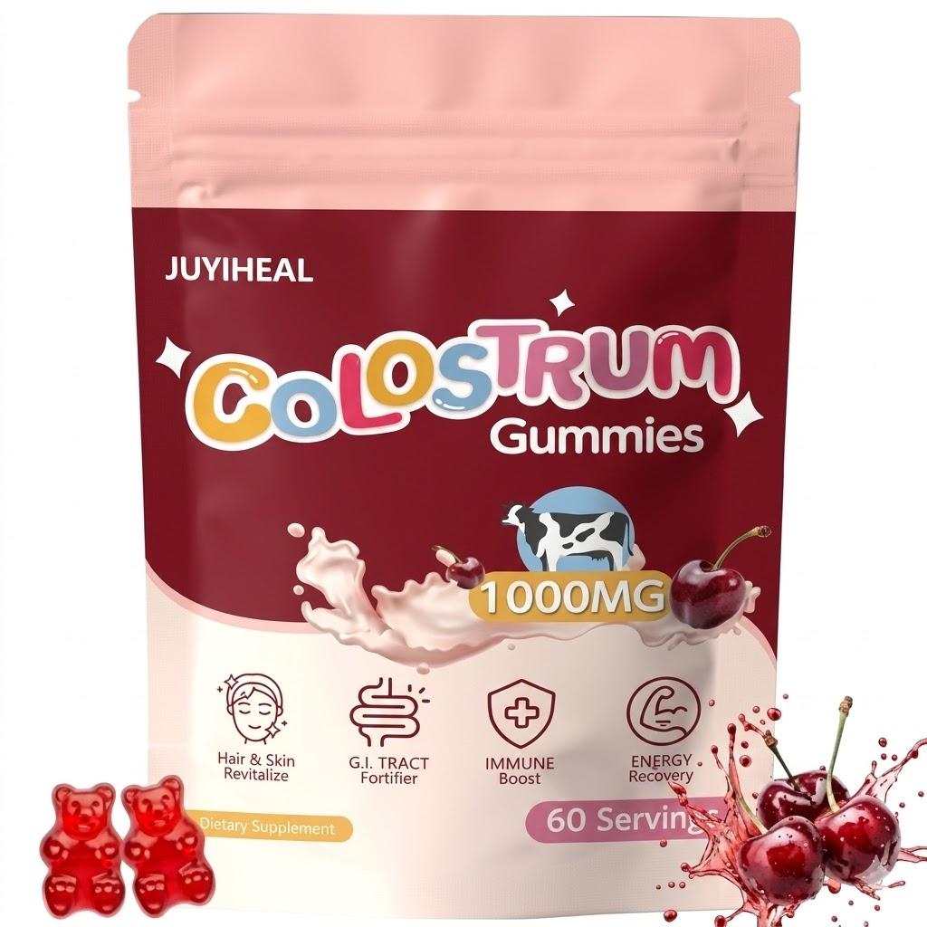 JUYIHEAL Colostrum Gummies, 1000 mg Grass Fed Colostrum Chews Colostrum Supplement for Gut Health, Hair Growth, Beauty, and Immune Support, Cherry Flavor 60 Servings, Pack Of 4