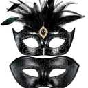 MYSEUNI 2025 Black Masquerade Mask for Couple - Womens Venetian Carnival Mask with Feather- Adjustable Headband for Halloween, Mardi Gras