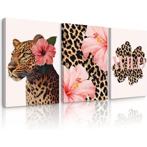 Trendy Leopard Wall Art Pink Cheetah Print Room Decor Leopard Flower Canvas Wall Decor Cheetah Aesthetic Poster Girly Pink Preppy Picture Funky Y2k Artwork for Girl Bedroom 16x24x3 Inch Wrapped Canvas