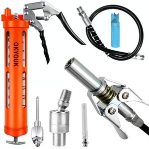 Grease Gun Kit,Visible Heavy Duty Pistol-Grip Grease Gun, Quick Lock Grease Gun Coupler(0.53"),12" Hose with 360 Swivel Fittings, Zerk Cleaning Tool and 2Pcs Grease Needles Tips Included