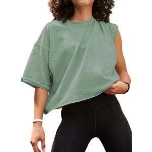 Women's Oversize Workout Crop Tops Short Sleeve Crewneck Drop Shoulder Boxy T Shirts Summer Casual Solid Basic Tees (L)