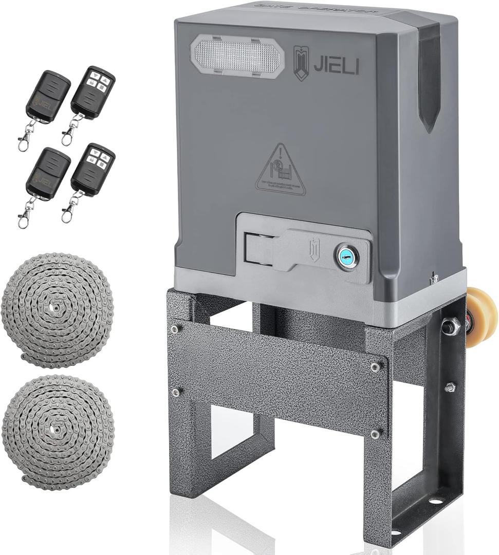 JIELI 3300 lb Automatic Sliding Gate Opener with 4 Remote Controls, Electric Rolling Driveway Slide Gate Motor, Complete Gate Operator Hardware Security System Kit for Sliding Gate Up to 40 Feet