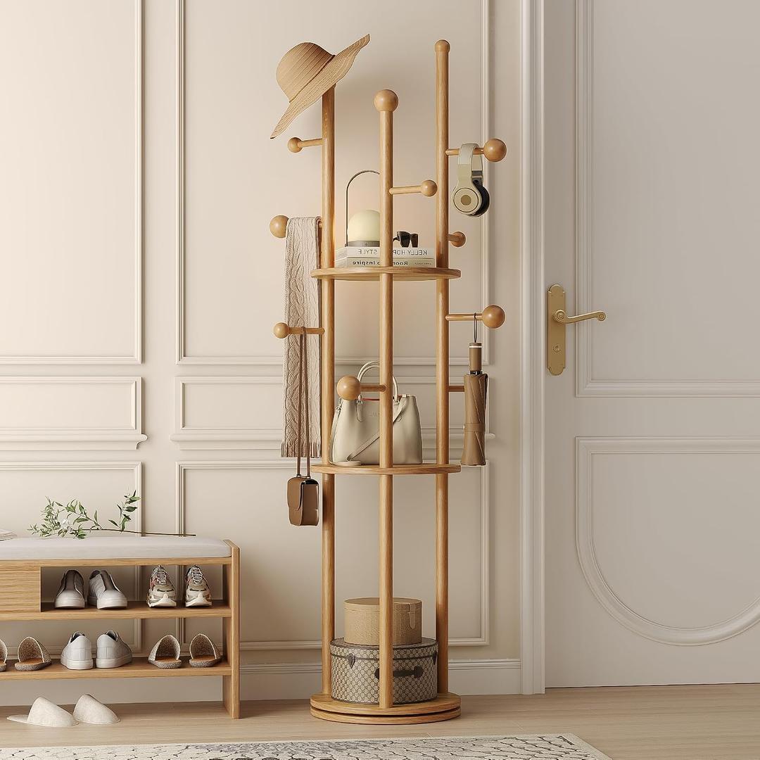 Coat Rack Freestanding,Coat tree Entryway,Mid-Century,Nature Wood Freestanding, Solid Wood, 9 Hooks & 3 Shelves, for Entryway, Hallway, Bedroom, Living Room, Office, Holds Bags, Hats, Purses, 15.75-inch base
