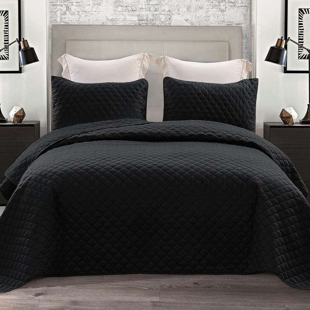 Exclusivo Mezcla Reversible King Size Quilt Bedding Set with Pillow Shams, Lightweight Quilts King Size, Soft Bedspreads Bed Coverlets for All Seasons - (Black, 104"x96")