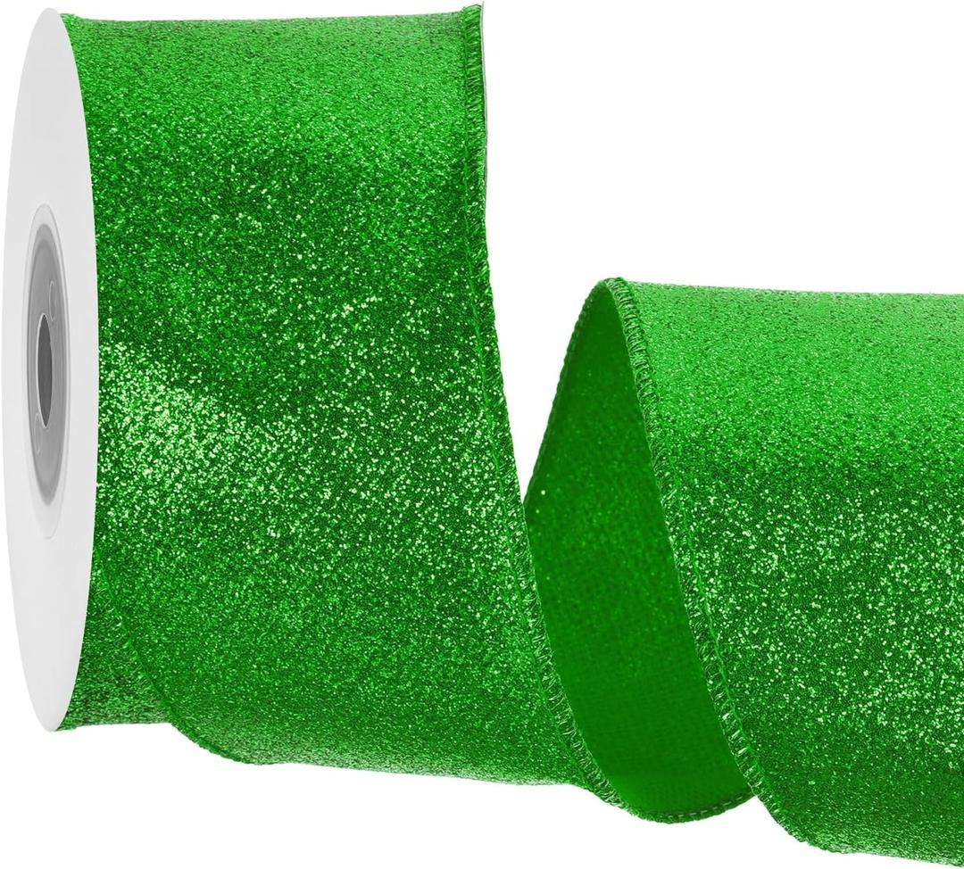 MECCANIXITY 2.5 Inch Glitter Wired Ribbon, Green Sparkly Iridescent Ribbon 5 Yard for Christmas Tree Wreath Decoration Gift Wrapping, with Metallic Edge