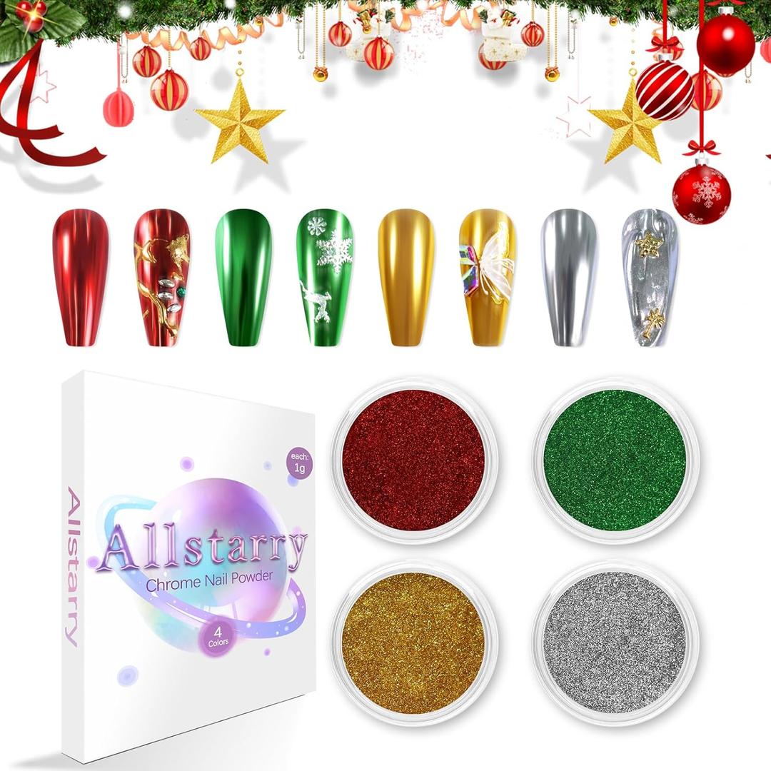Allstarry Chrome Nail Powder 4 Colors Metallic Mirror Effect Pigment Chrome Iridescent Nail Glitter Magic Unicorn Glitter Dust Kit for Gel Polish Nail Art Decoration Resin Craft, Festivals (Christmas frenzy)