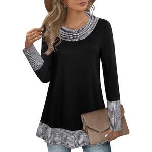 Youtalia Women's Hoodie Sweatshirt Long Sleeve Cowl Neck Pullover Color Block Thin Tunic Top (Large, Black)