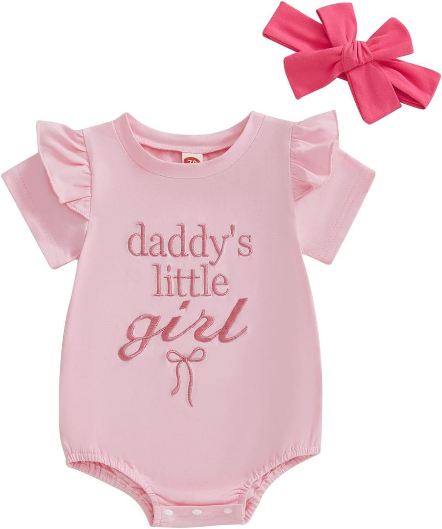 FYBITBO Daddys Little Girl Baby Outfit Ruffle Short Sleeve Shirt Onesie Bubble Romper Daddys Girl Clothes with Headband (Pink)