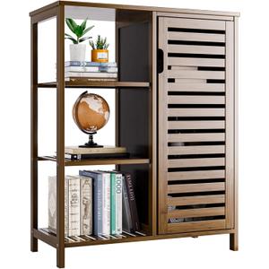 HITNET Bathroom Storage Cabinet Bamboo, Free Standing Floor Cabinet, Kitchen Cupboard Side Storage Organizer with Shutter Door and 3 Side Shelves, Walnut
