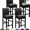 HFCNMY Bar Stool Covers,4 Pack Stretch Waterproof PU Bar Stool Covers with Backs Bar Stool Chair Covers Barstool Covers Slipcovers with Back Pub Counter Stool Chair Covers with Elastic Bands Black