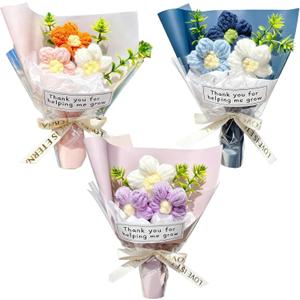 Wavwavw 3 Pcs Teacher Appreciation Gifts Crochet Handmade Positive Mini Crochet Flower Bouquet Thank You for Helping Me Grow Teachers Gifts for Graduation Teacher Appreciation Week Women Men (Pastel)