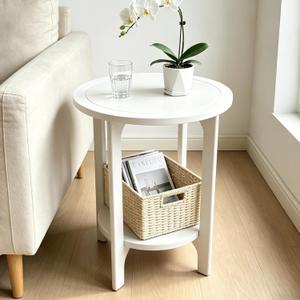 Small Round Side Table, 2-Tier Solid Wood End Table, Mid Century Modern Nightstand for Living Room, Bedroom, Easy Assembly (White), 17"W x 22"H