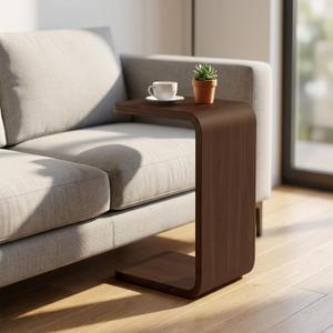 C Shaped End Table, Wooden TV Tray Sofa Side Table for Couch | Small Nightstand for Living Room Bedroom Narrow Spaces Office