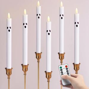 Baquler 6 Pack Halloween Ghost Flameless Taper LED Candles 10 Inch Ghost Battery Operated LED Flickering Candle with Remote and Timer Halloween Party Decorations(Not Included Batteries)
