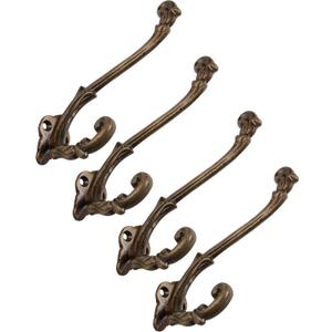 CRAFTSMAN ROAD Vintage Cast Iron Wall Hooks (Antique Brass Finish, Set of 4) - Rustic, Farmhouse, French Country Coat Hooks | Great for Coats, Bags, Towels, Hats | French Slender