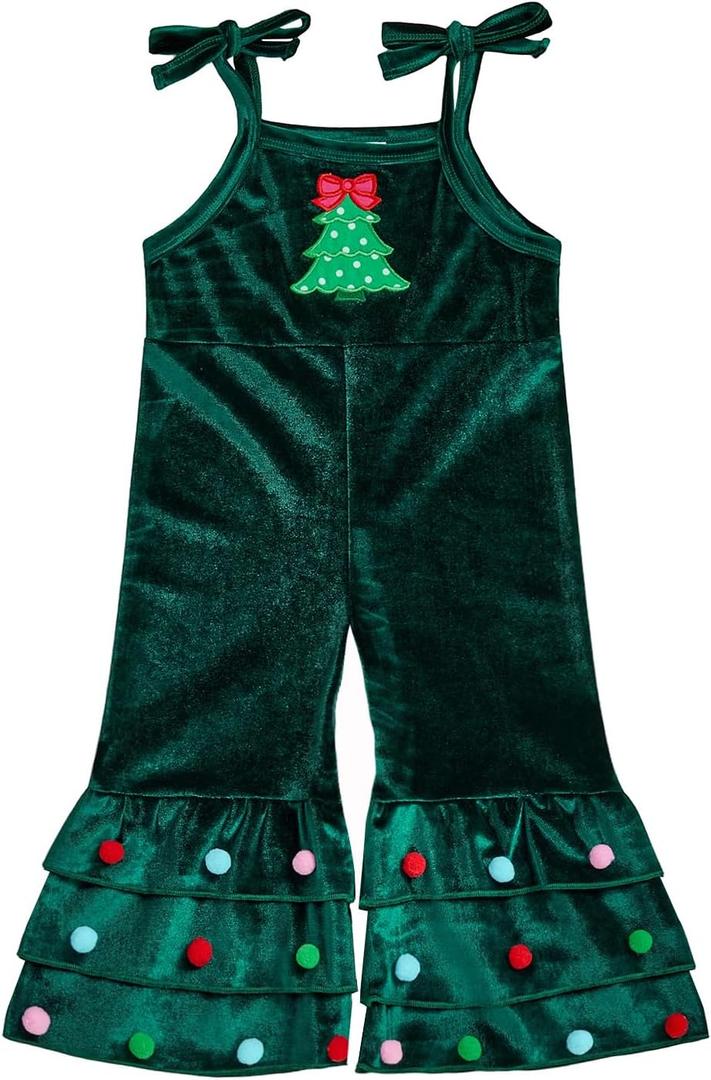 Christmas Baby Girl Outfit Christmas Tree Sleeveless Velvet Romper Jumpsuit Bell Bottom Pants Toddler Fall Clothes (12-18 Months, Green)