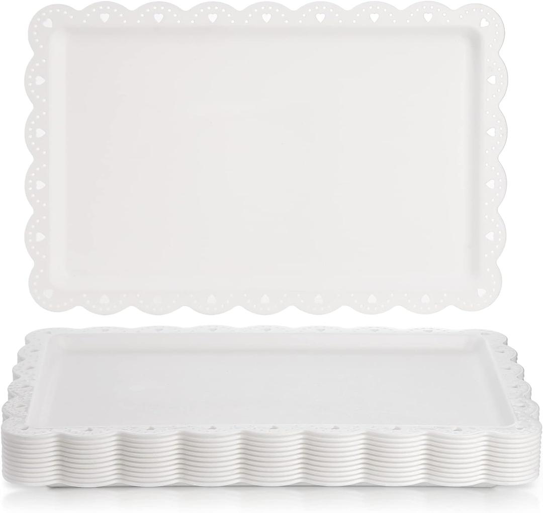 Peohud 12 Pack White Plastic Serving Tray with Lace Rim, Rectangle Food Trays, Disposable Serving Platters and Trays for Party, Wedding, Restaurant, 14.4" x 9.3"